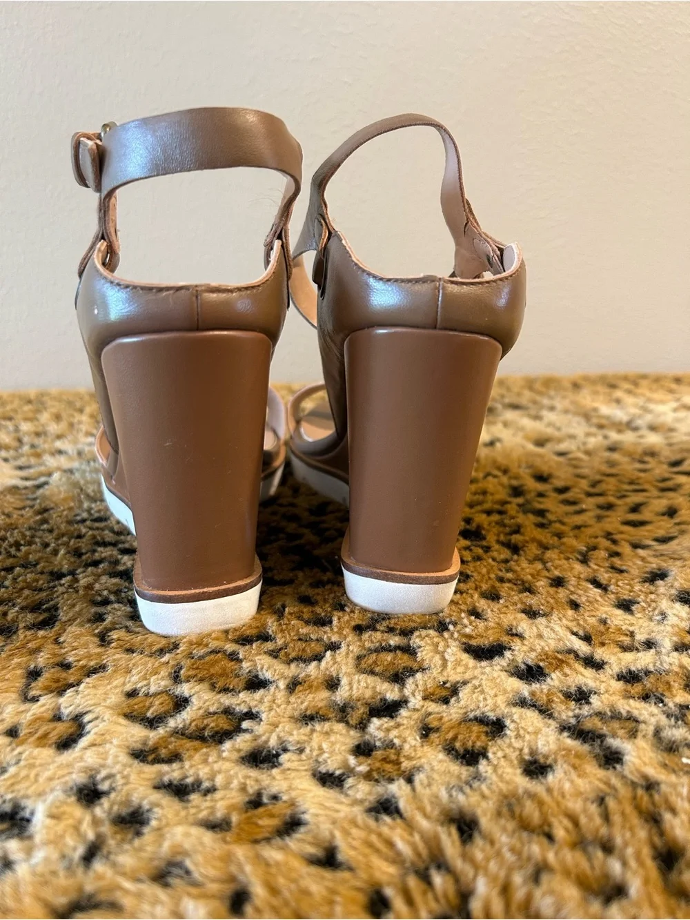 Linea Paolo Leopard-Print Front Strap Tan Ankle-Strap Wedges